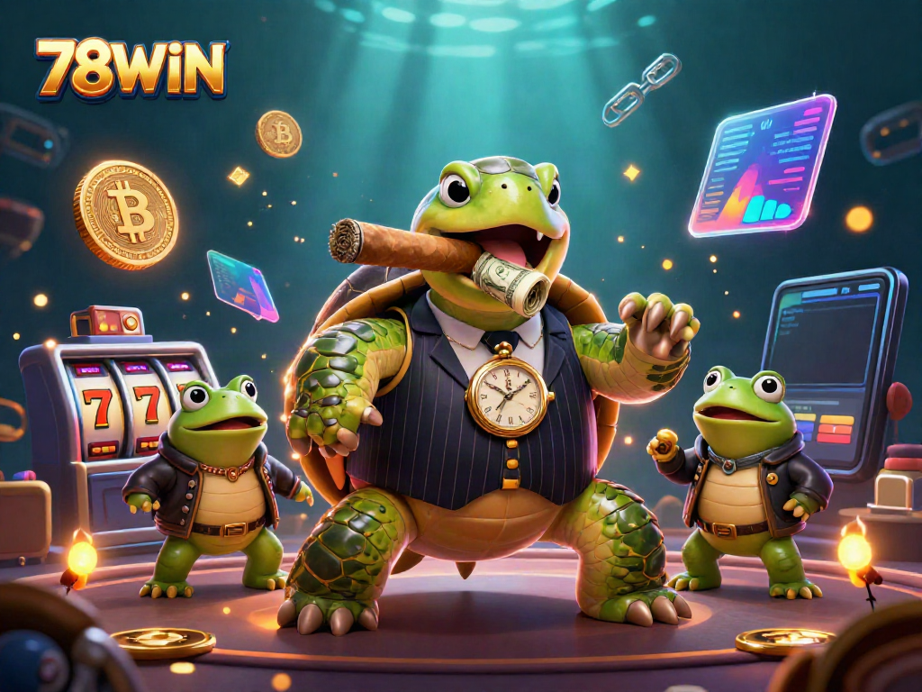 Engage in thrilling slots at 78WIN with a vibrant 3D scene featuring a cartoon turtle and bullfrogs.