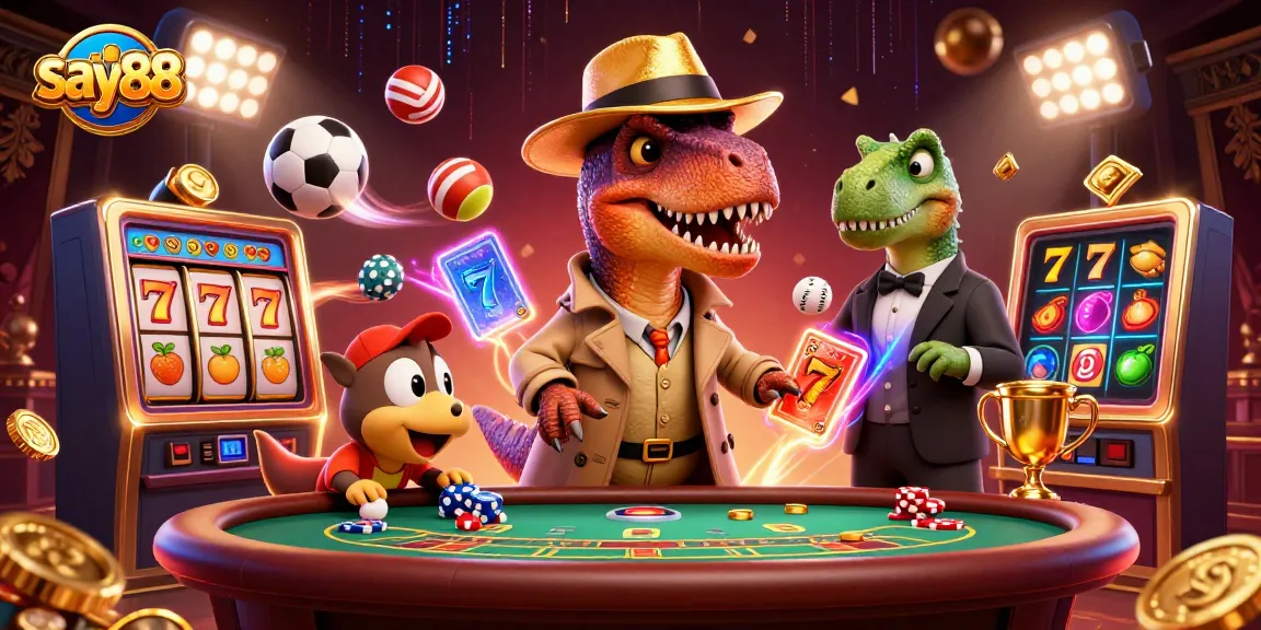 Engage with say88's vibrant casino scene featuring a sneaky velociraptor at the blackjack table.