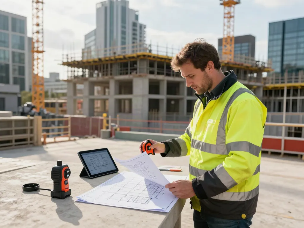 Building Surveyors London examining blueprints at a construction site.