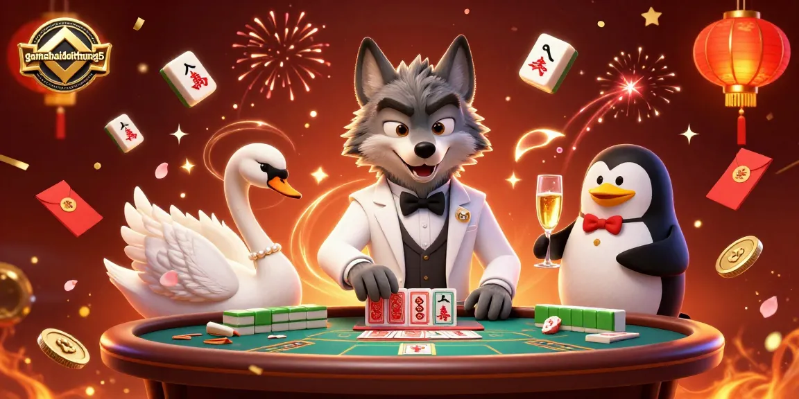 Experience the excitement of gamebaidoithuong5 with a sophisticated 3D casino scene featuring engaging characters and festive elements.