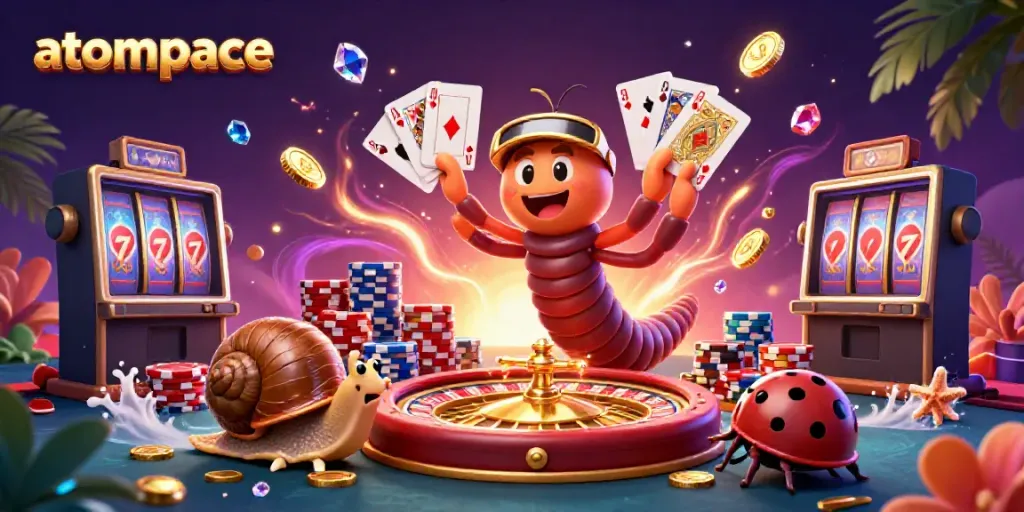 Experience winning with atompace at a vibrant casino scene featuring colorful chips and animated characters.