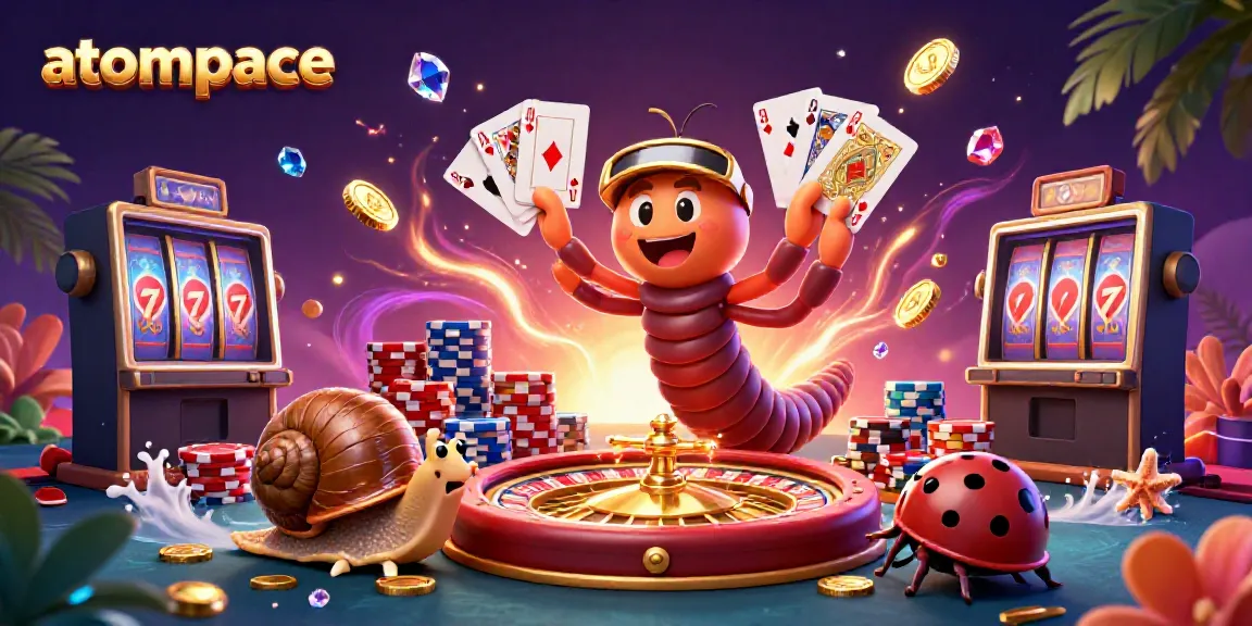 Experience winning with atompace at a vibrant casino scene featuring colorful chips and animated characters.