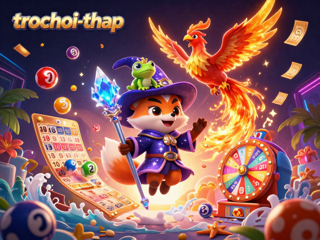 Engage in the thrill of trochoi-thap as a mystical fox wizard and phoenix celebrate with vibrant lottery and bingo elements.