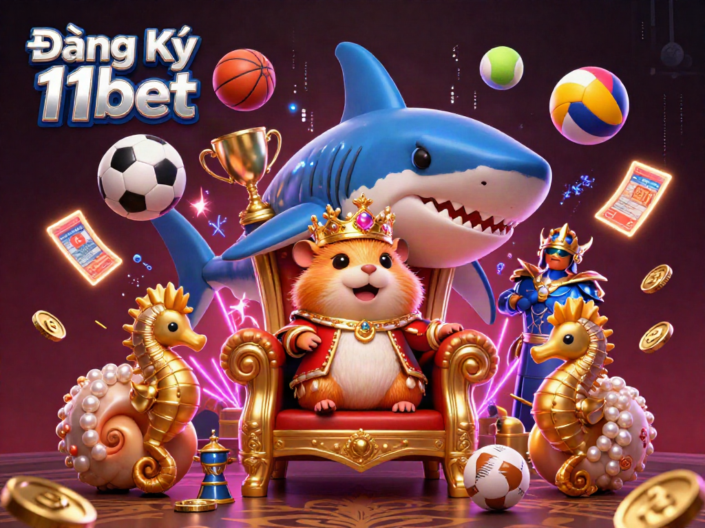 Engage with Đăng Ký 11bet through this vibrant 3D illustration showcasing sports-themed gambling elements and a regal hamster king.