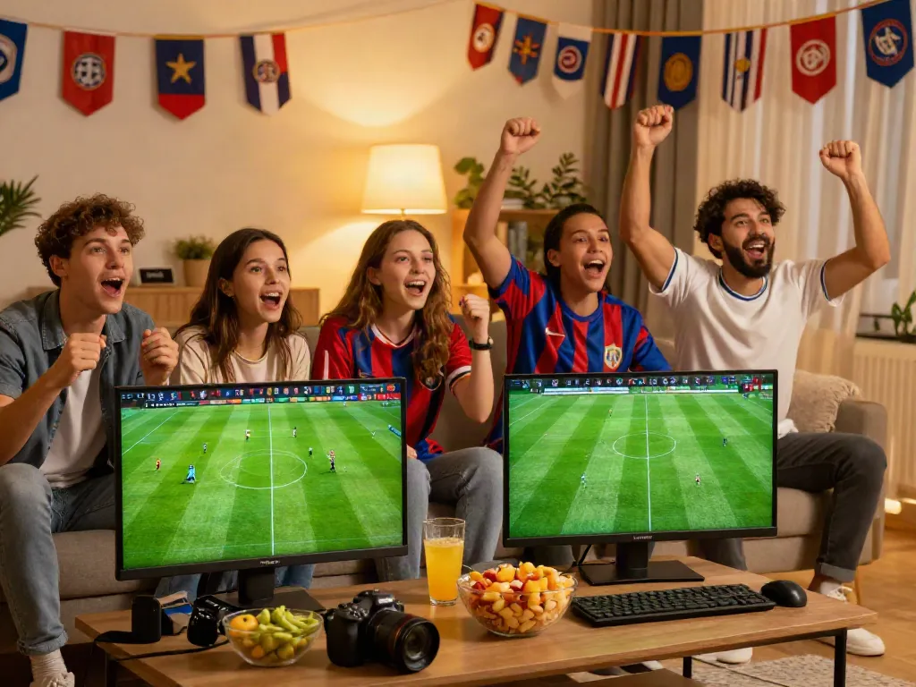 Friends enjoying Gavangtv live football streaming with vibrant snacks.
