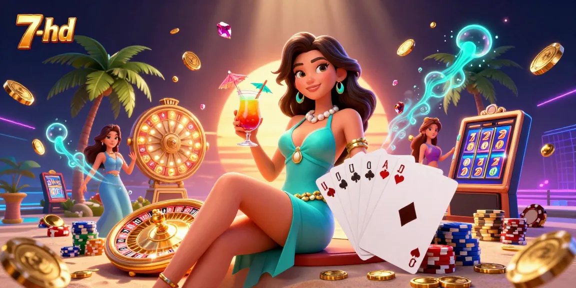Experience the excitement of gambling at 7-hd with dynamic slots and spinning roulette wheels in a vibrant scene.