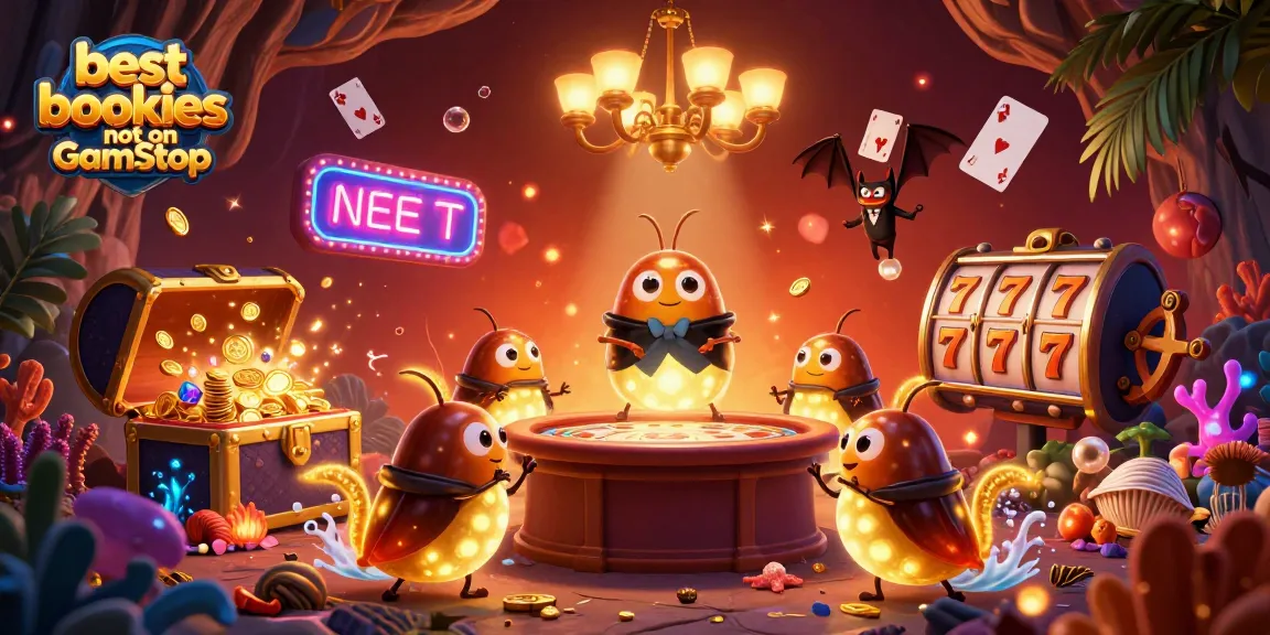Bet on the best bookies not on GamStop at a vibrant casino with glowing characters and exciting game elements.