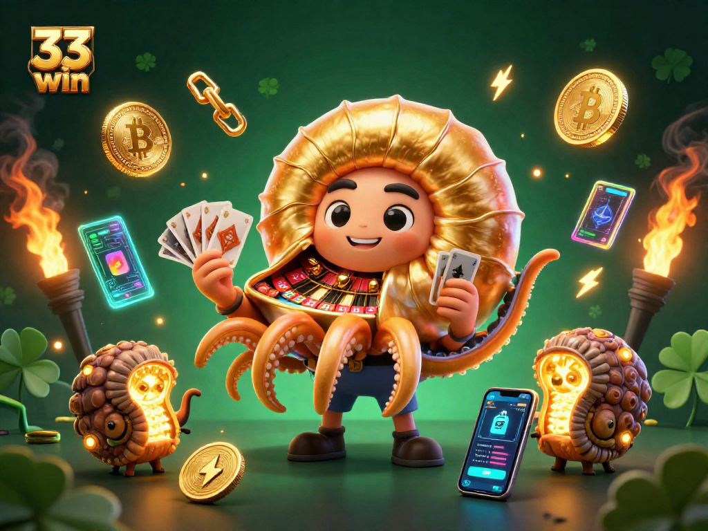 Engage with the vibrant 33 win casino scene featuring a giant nautilus roulette wheel and glowing crypto elements.
