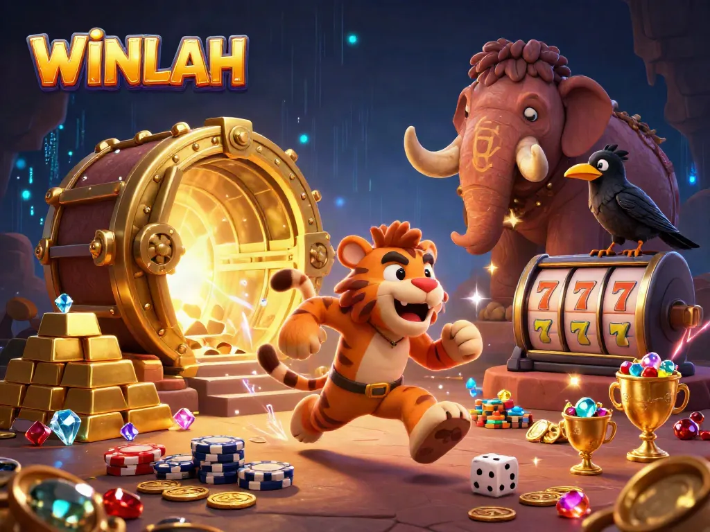 WINLAH promotes thrilling gaming with cartoon characters and vibrant casino elements in a dynamic scene.