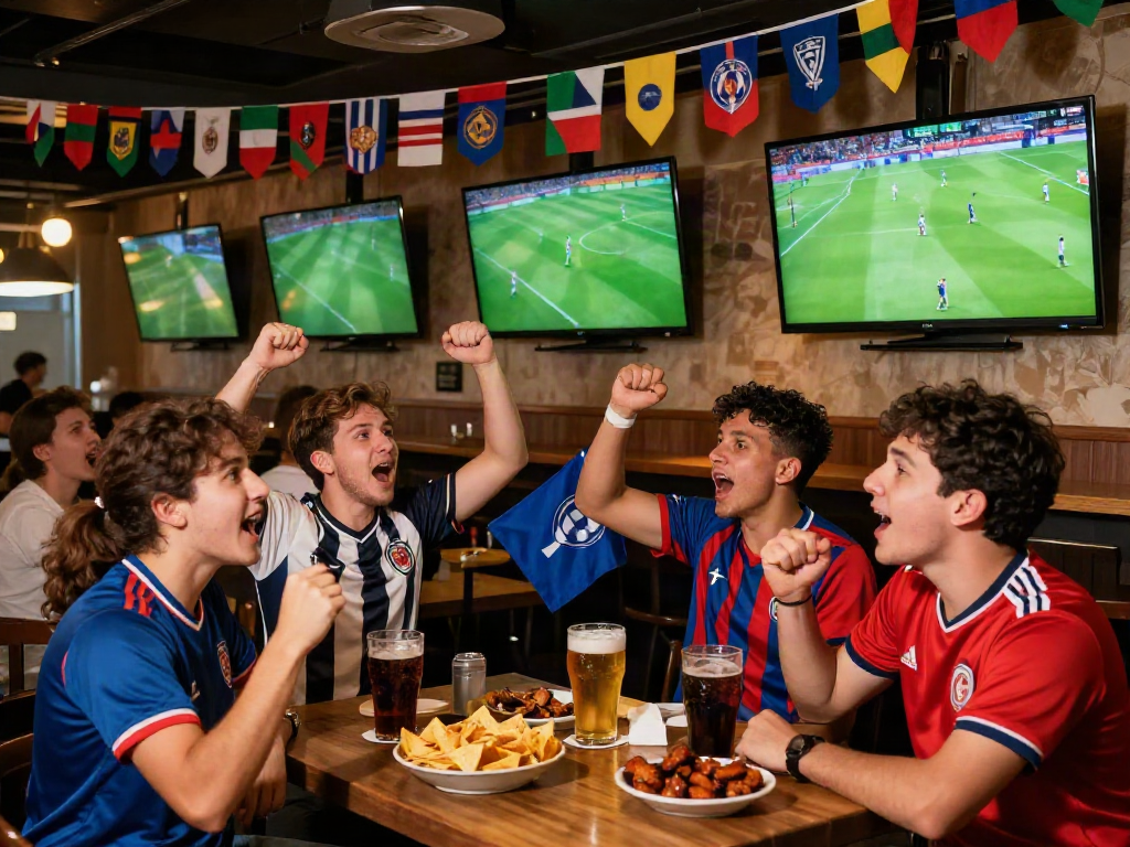 Thapcamtv fans cheering at a vibrant sports bar during a live football match.