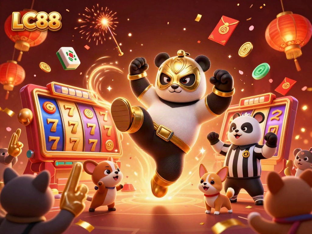 Engaging scene of LC88 with a wrestler panda and animal fans celebrating a big casino win.