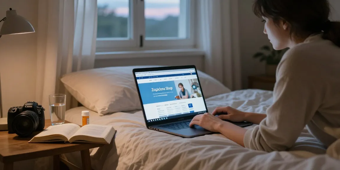 Buy Zopiclone online, a serene bedroom setting with a person using a laptop to explore Zopiclone Shop, warm lighting and wellness elements present.