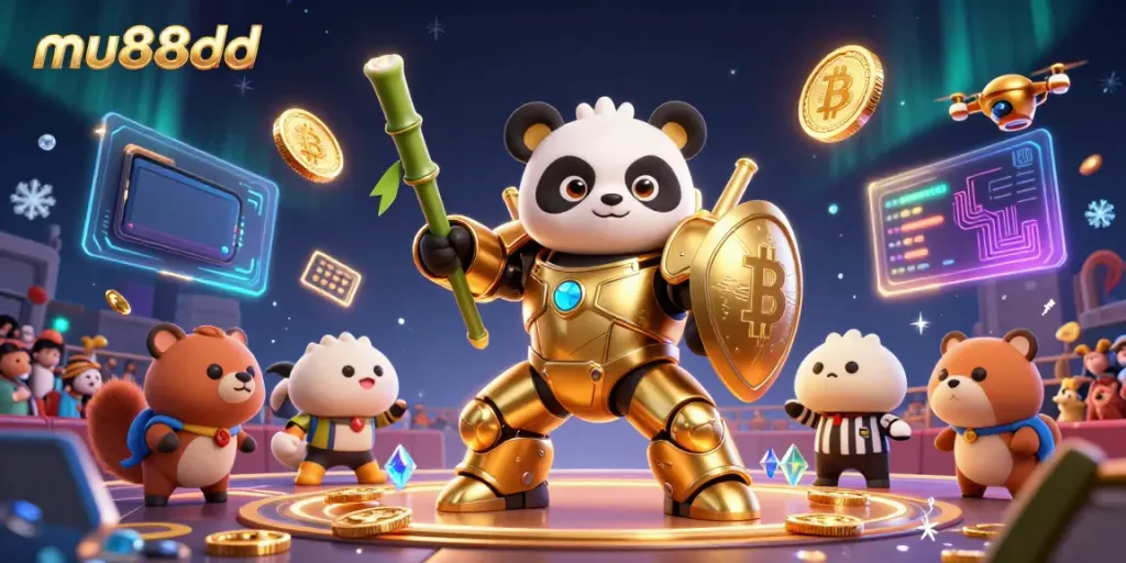Experience the excitement of mu88dd with a golden panda mech battling in a vibrant casino arena.