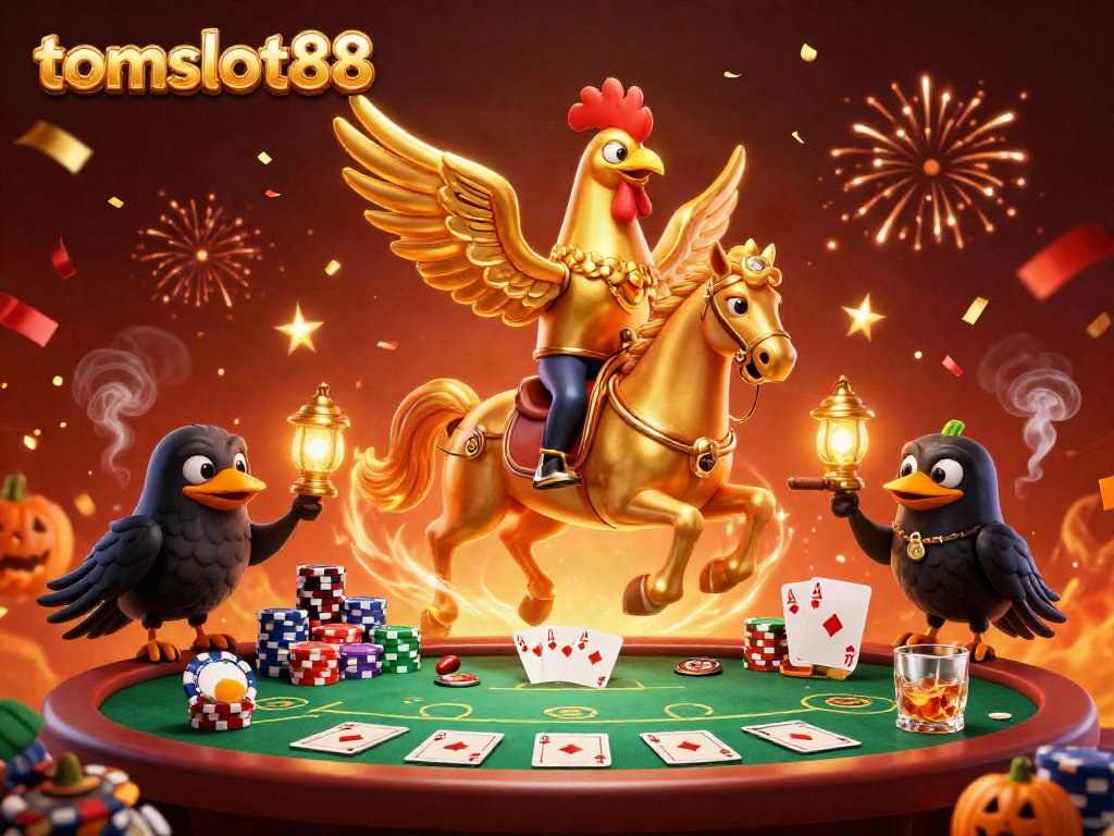 Experience vibrant action with tomslot88, featuring golden rooster and mystical elements in a lively casino scene.