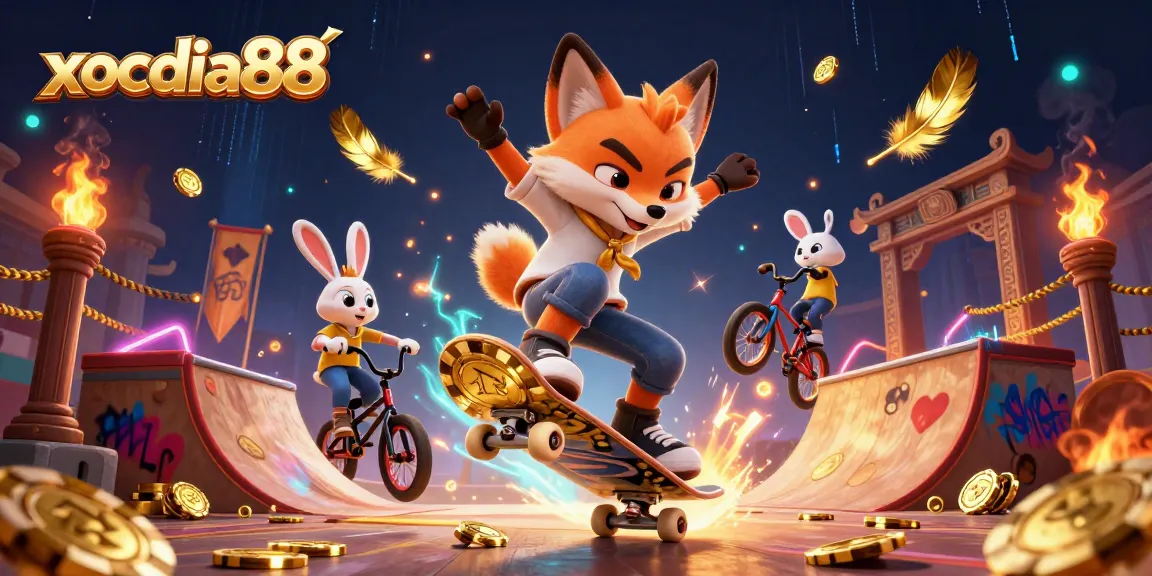 xocdia88 features a vibrant scene of a skateboarder fox and BMX rabbit in a dynamic casino setting.