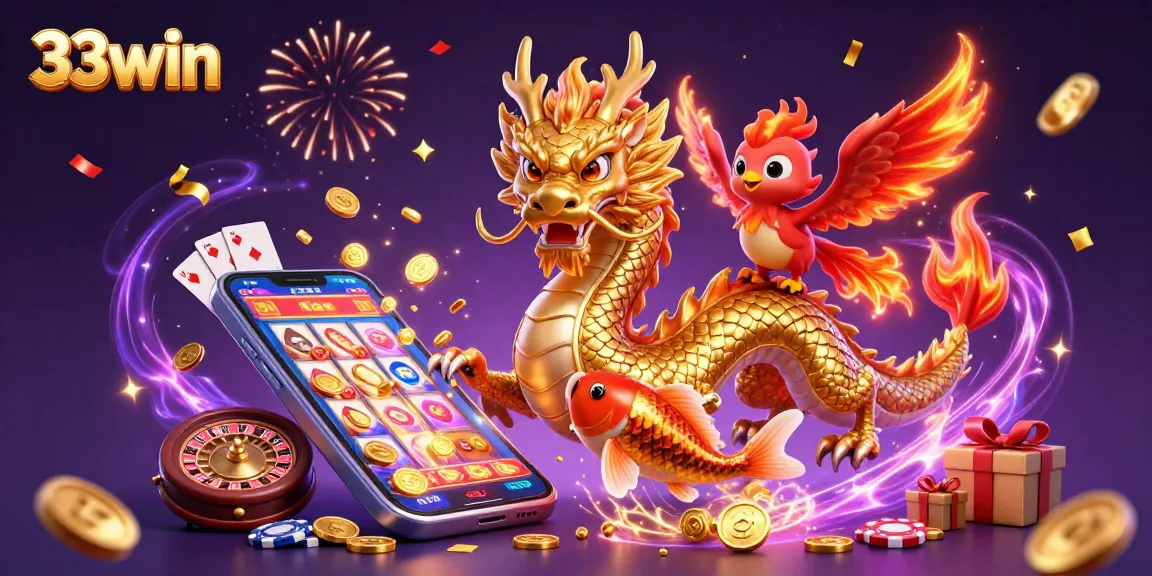 Engage with 33win’s thrilling casino world featuring a golden dragon, phoenix, and koi amidst vibrant game elements.
