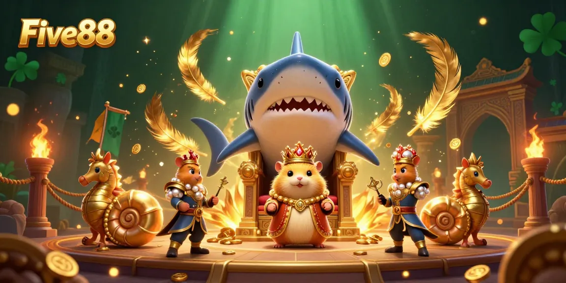 Engage in the thrilling world of Five88 with a vibrant 3D scene featuring a glamorous golden hamster king and royal guards.