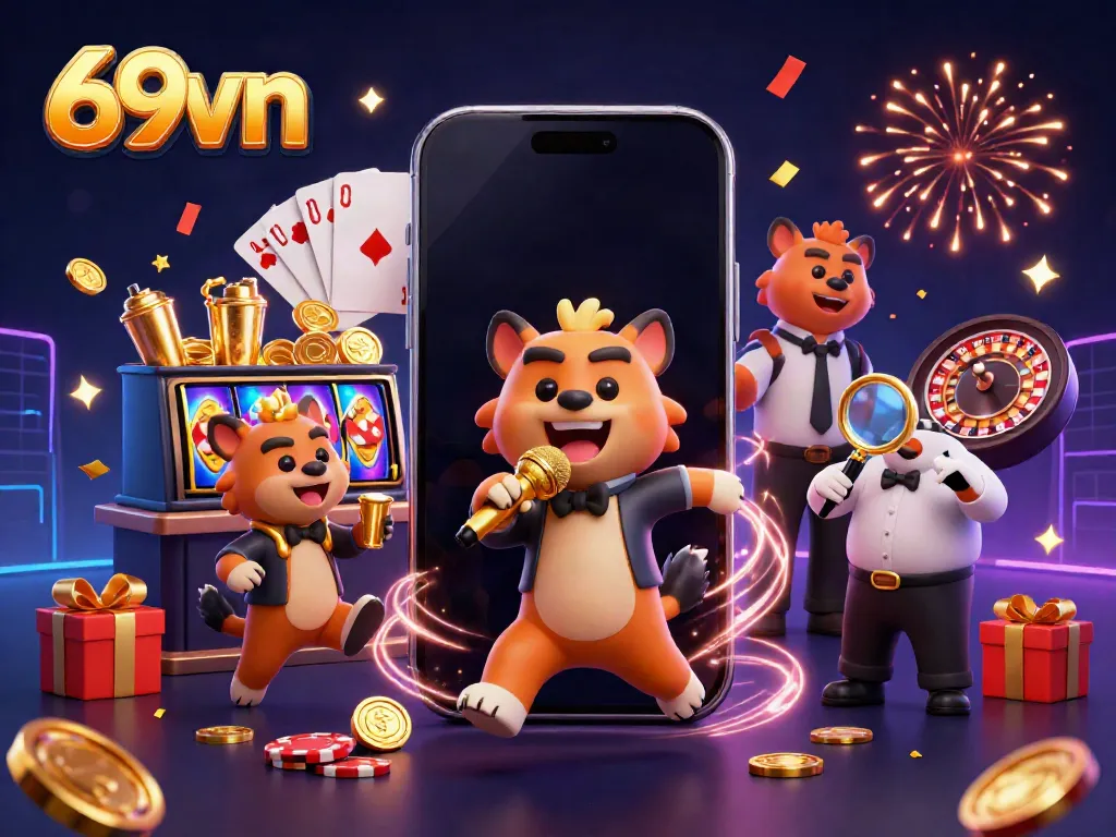 Hyenas comedy club scene at 69vn casino featuring a comedian, bartender, and bouncer.