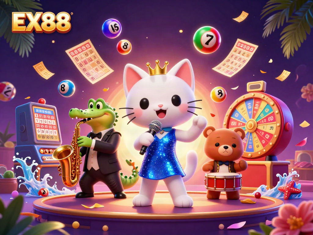 Experience exciting gaming moments with EX88 in this vibrant casino-themed illustration.