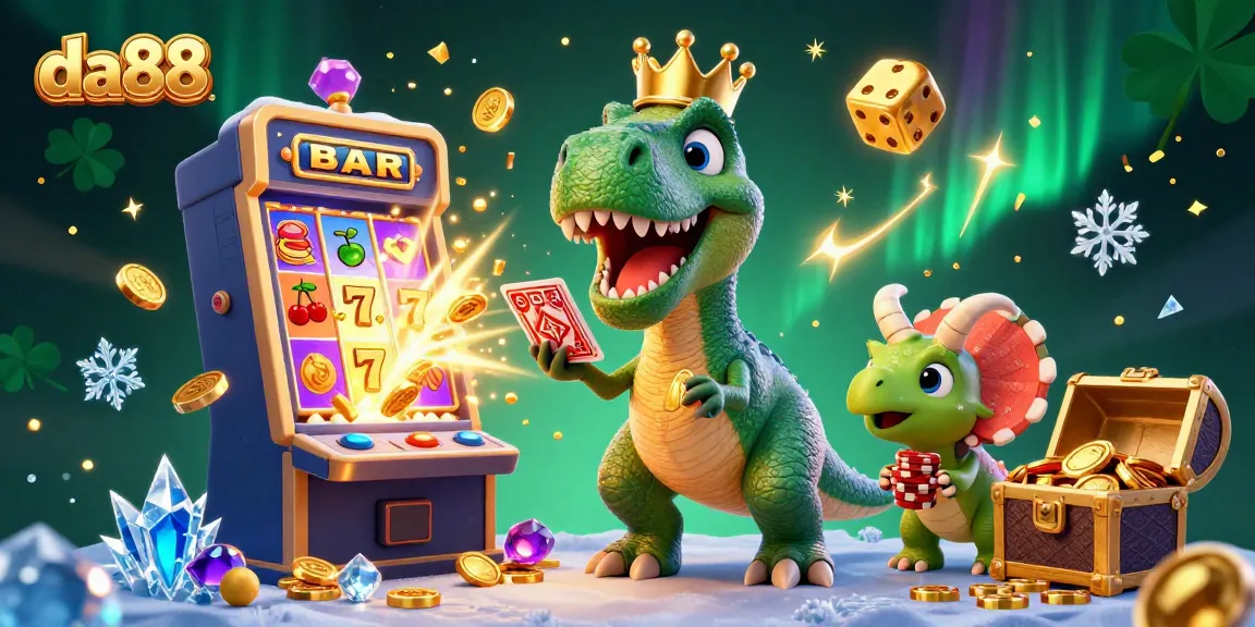 Experience the excitement of da88 gaming with a vibrant scene of dinosaurs in a dynamic casino atmosphere.