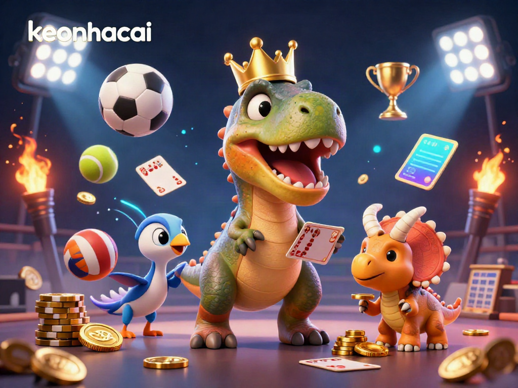 Cheerful keonhacai illustrated scene showing a dinosaur duo playing cards and stacking chips in a vibrant casino environment.