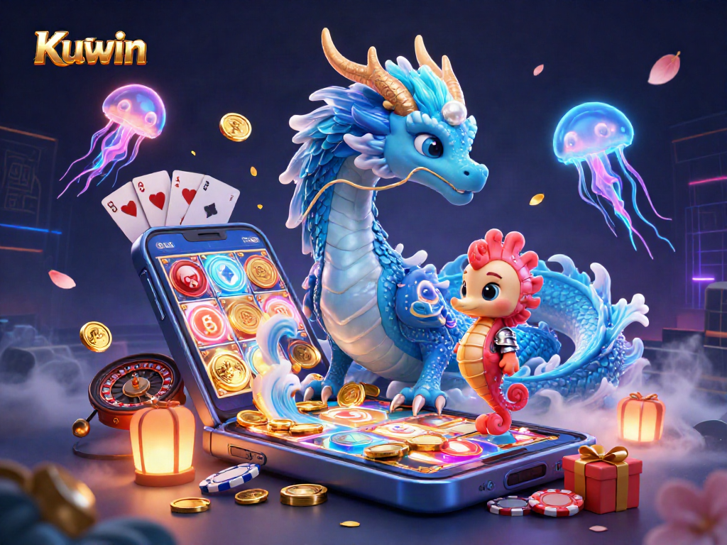 Kuwin's vibrant gaming world showcases an azure dragon, seahorse knight, and glowing jellyfish in action.