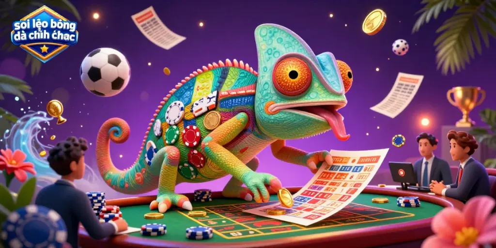 Soi kèo bóng đá chính xác showcased in a vibrant, action-packed casino scene featuring a chameleon owner and dynamic betting elements.