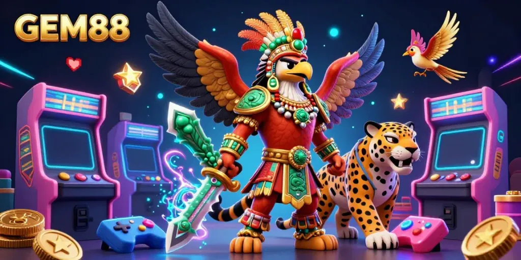 Experience GEM88's vibrant online gaming universe with an Aztec warrior and arcade elements.
