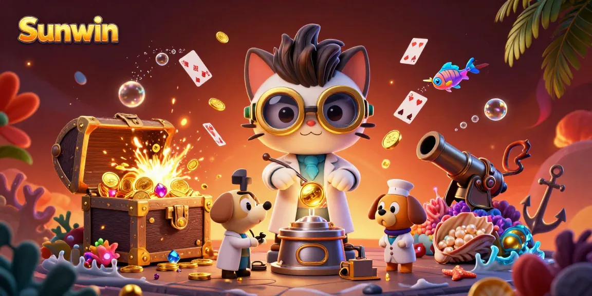 Join the fun of Sunwin with exciting gaming elements and colorful treasures in a vibrant casino scene.