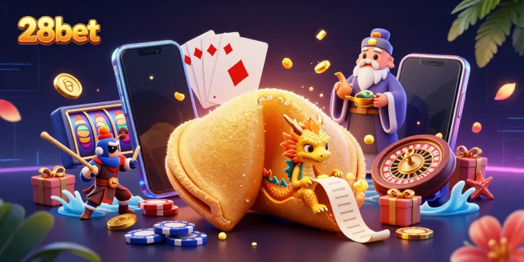 Experience high-stakes gaming at 28bet with a vibrant 3D illustration featuring fantasy elements and casino games.