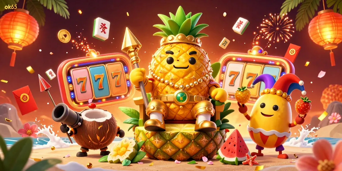 Experience exciting casino gaming with ok65 featuring a golden pineapple king, beach vibes, and vibrant elements like slot reels and fireworks.