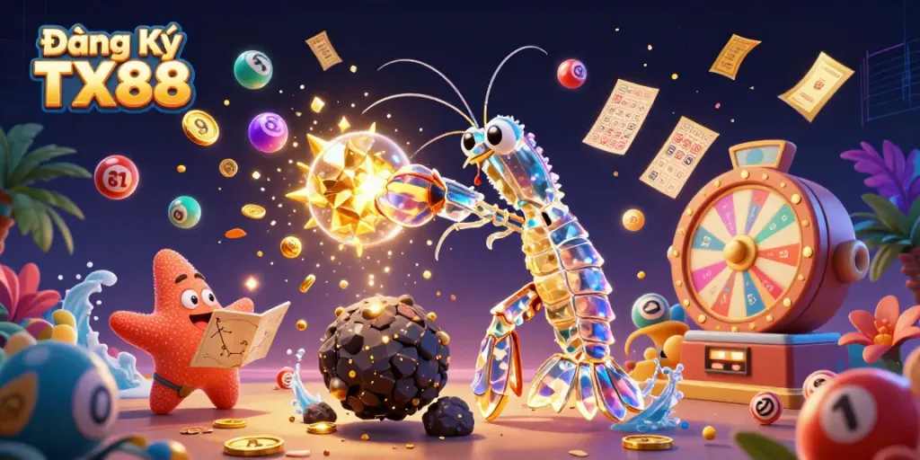 Engage with Đăng Ký TX88, where a galactic samurai shrimp explores thrilling winnings among colorful game elements.