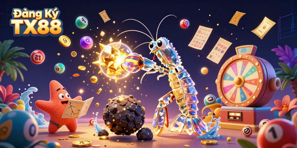 Engage with Đăng Ký TX88, where a galactic samurai shrimp explores thrilling winnings among colorful game elements.