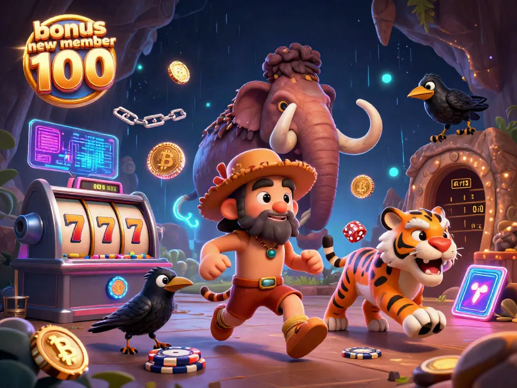 Experience the excitement of bonus new member 100 with engaging prehistoric casino characters and vibrant game elements.