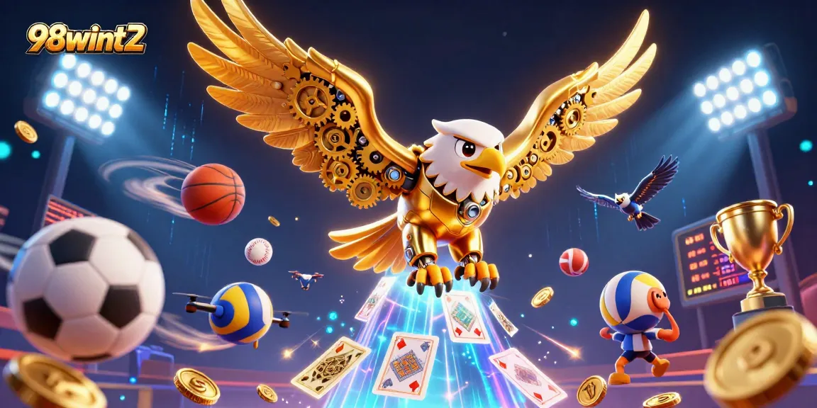 A 3D golden eagle diving through holographic playing cards, showcasing 98wint2 sports betting excitement.