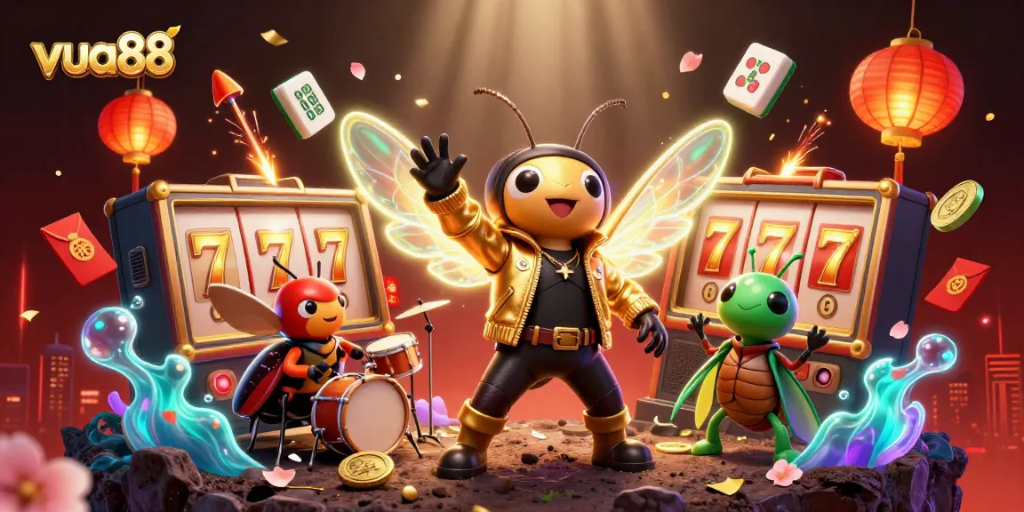 Experience excitement at vua88 with vibrant 3D casino scene featuring characters like a rock star cicada.