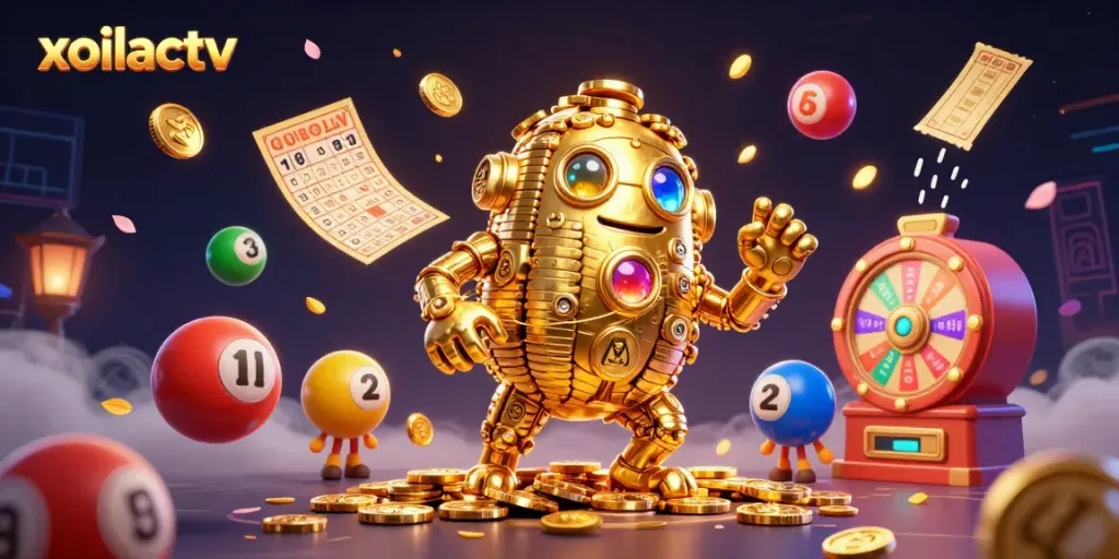 Xoilactv excitement with vibrant lottery elements and a golden coin golem in a dynamic casino scene.