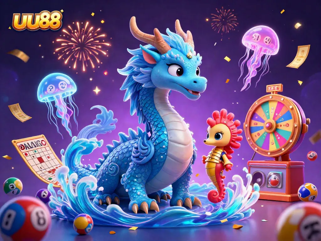 Engage with uu88, featuring a dynamic scene of a water dragon and seahorse knight surrounded by casino-themed lottery elements and celebration effects.