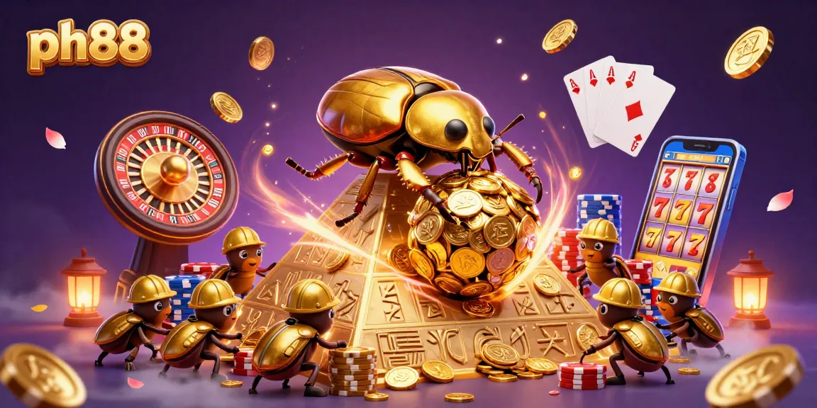 Experience ph88's vibrant casino world with a golden beetle rolling coins amid dazzling game elements.