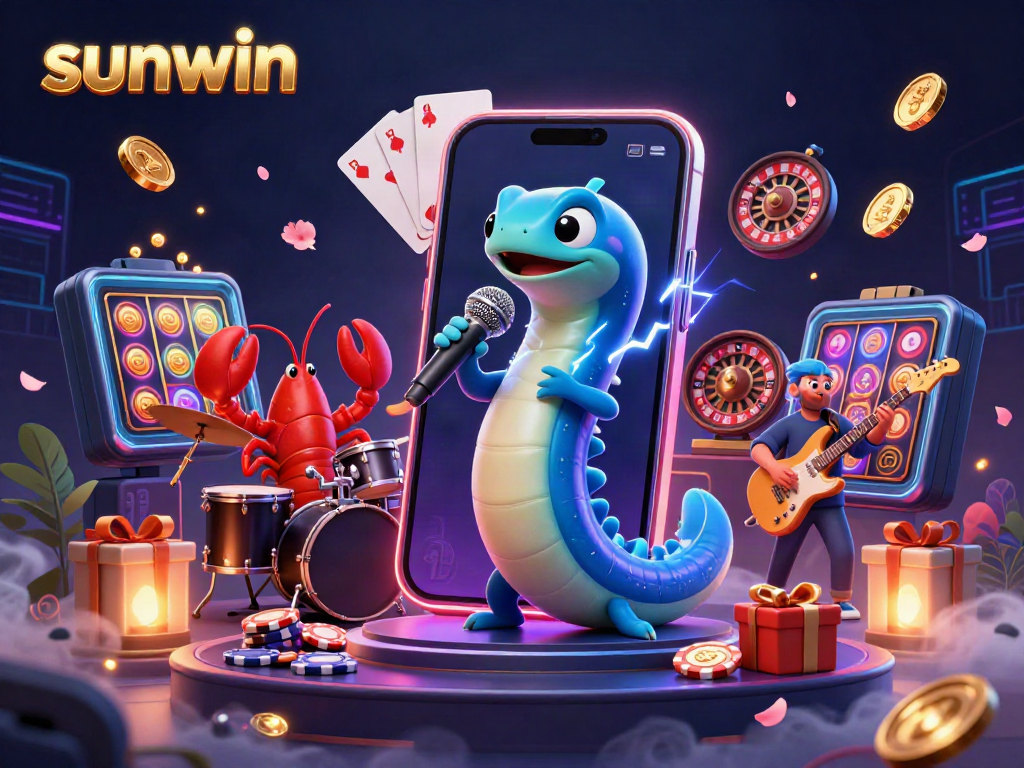 Experience the thrilling atmosphere of sunwin with a DJ eel, lobster drummer, and seahorse guitarist in a colorful underwater casino.