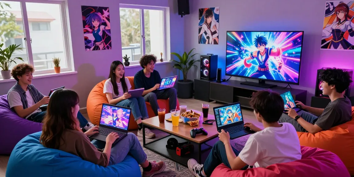 Group of friends enjoying ecchi games online in a vibrant gaming lounge atmosphere.