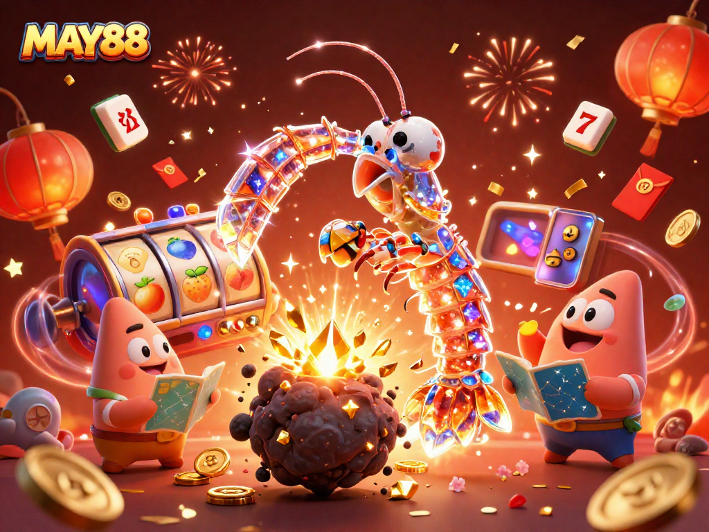 Experience thrilling action with MAY88's galactic samurai mantis shrimp smashing through asteroids in a vibrant casino scene.