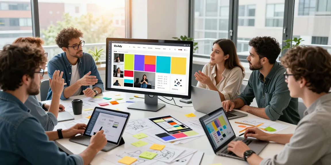 Team collaborating on google mixboard in creative workspace, vibrant moodboards displayed on screens.