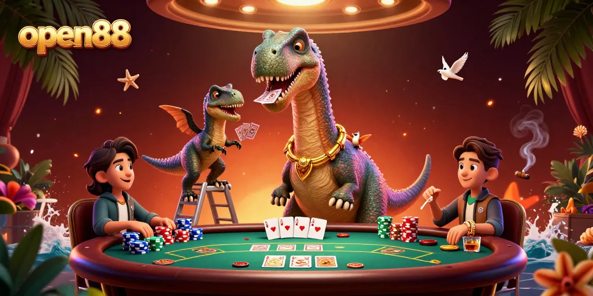 Join the excitement of open88 with a towering brontosaurus overseeing a poker game with thrilling card action.