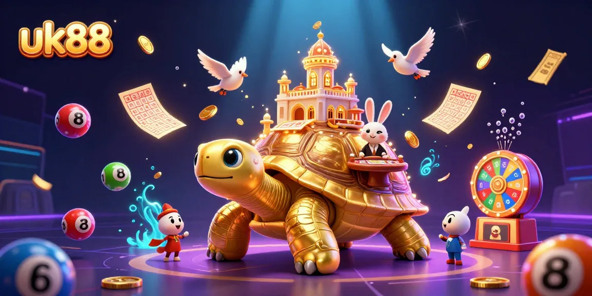 Spin for prizes with uk88 in a vibrant casino scene featuring a tortoise and dealer.