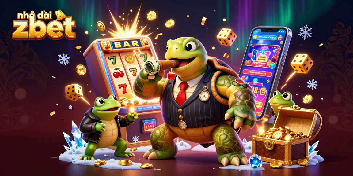 Engage with Nhà cái zbet in a vibrant casino world featuring a snapping turtle mobster, jackpot slots, and dazzling lights.