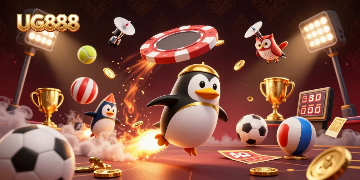 Bet on UG888 with a dynamic illustration of a golden penguin and sports elements in space.