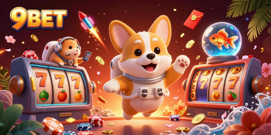 9BET showcases a floating corgi astronaut in a vibrant casino scene filled with slot reels and golden coins, promoting fun gambling.