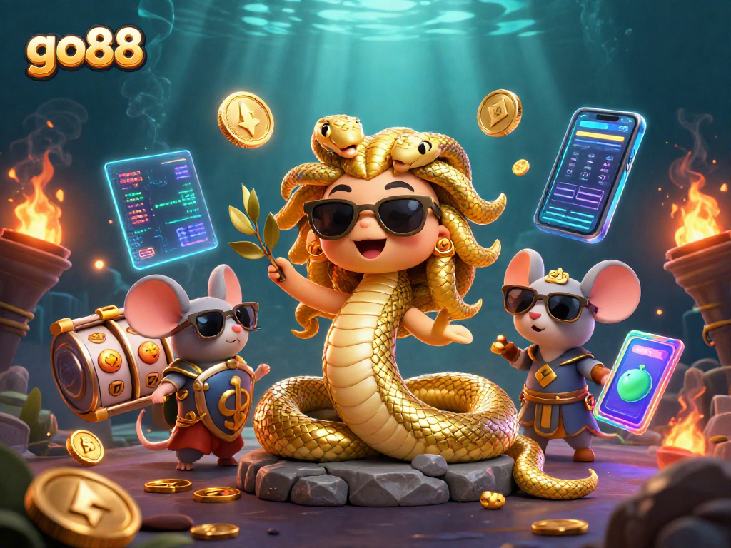 Play engaging games at go88 with this vibrant 3D casino illustration featuring Medusa and more.