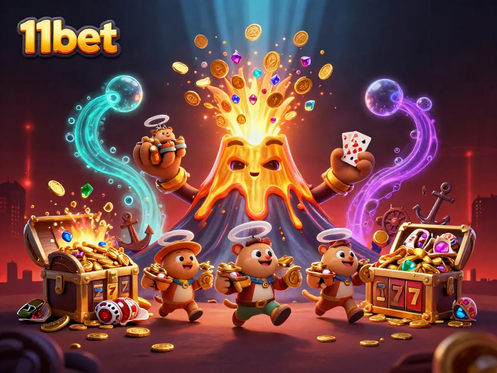 Experience thrilling wins with 11bet as a golden volcano erupts treasures in a dynamic casino scene.